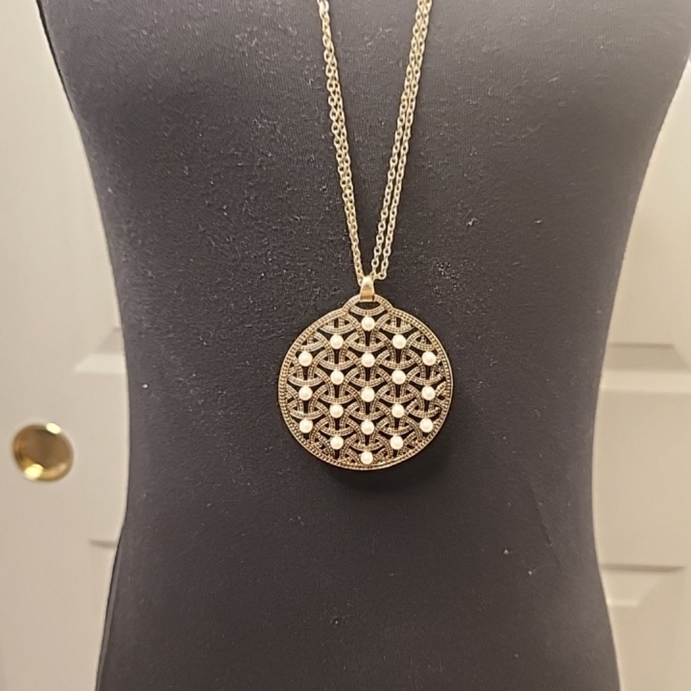 Vintage Cookie Lee Multi Strand Goldtone Filigree Faux Pearl Disc Necklace